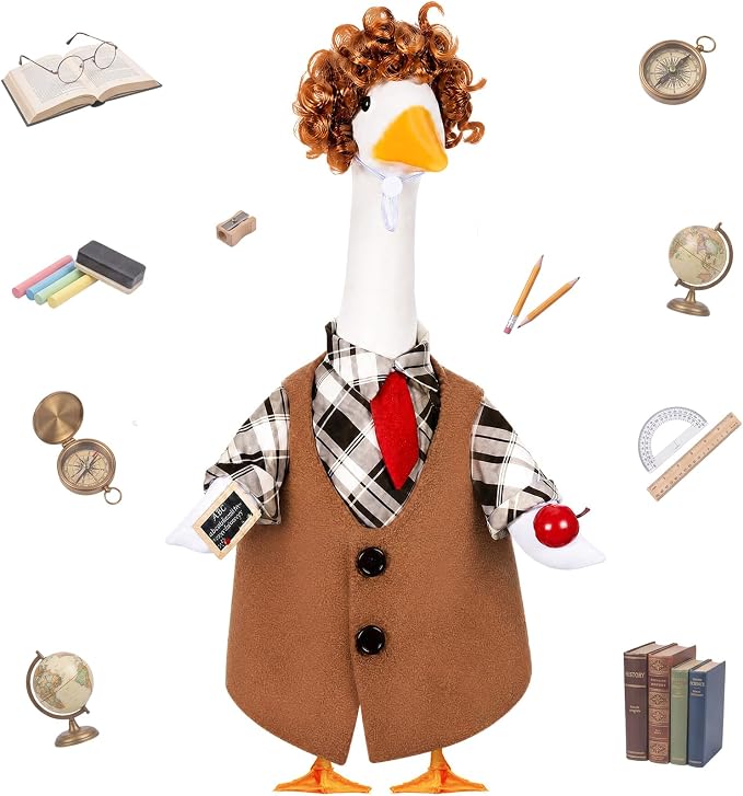 FuWeave Back to School Porch Goose Outfit Set for Plastic Statue Lawn Porch Goose Clothes with Schoolbag for Patio Decor