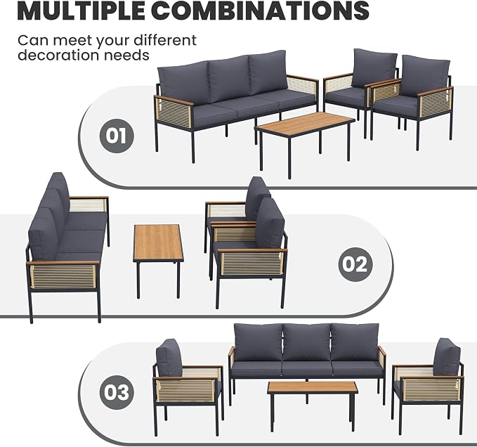 4 Pieces Patio Furniture Set, Outdoor Furniture Set with Table and Chairs, Metal Patio Conversation Sets with Thick Waterproof Cushions for Backyard, Garden, Poolside, Dark Grey (5 Seats)