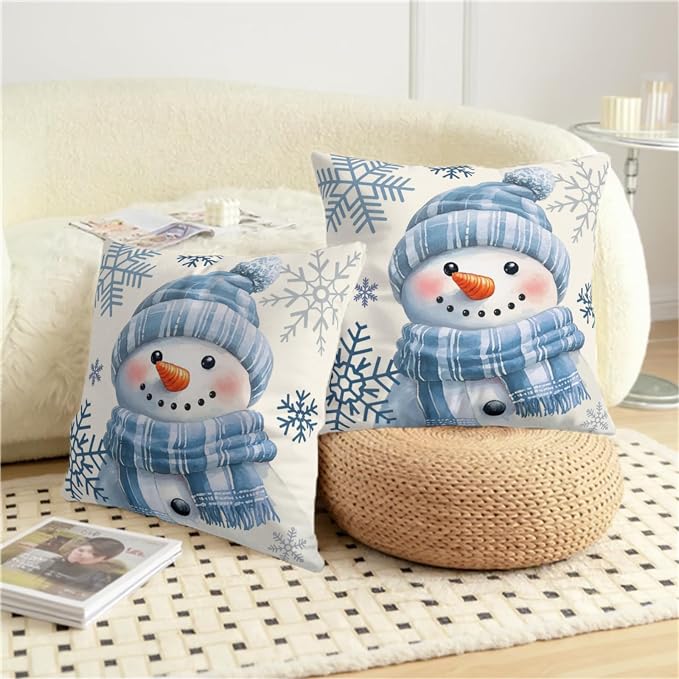 Lovely Blue Snowman Pillow Covers Winter Throw Pillow Case 16x16 Set of 2 Snowflakes Pillowcase Holiday Cushion Case for Living Room Bedroom Couch Sofa