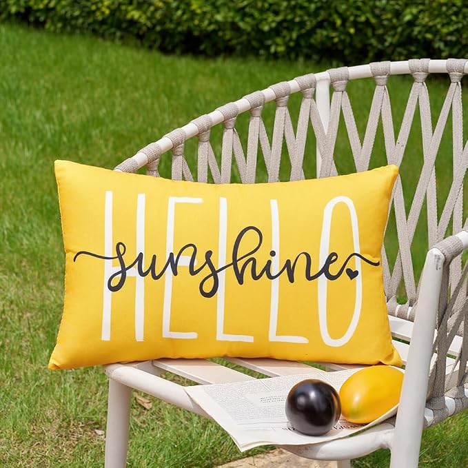 DFXSZ Yellow Outdoor Waterproof Pillow Covers 12x20 Set of 2 | Hello Sunshine Decor Spring Summer Polyester Pillow Covers(NO INSERTS)| Decor for Patio Funiture Garden Sofa Couch