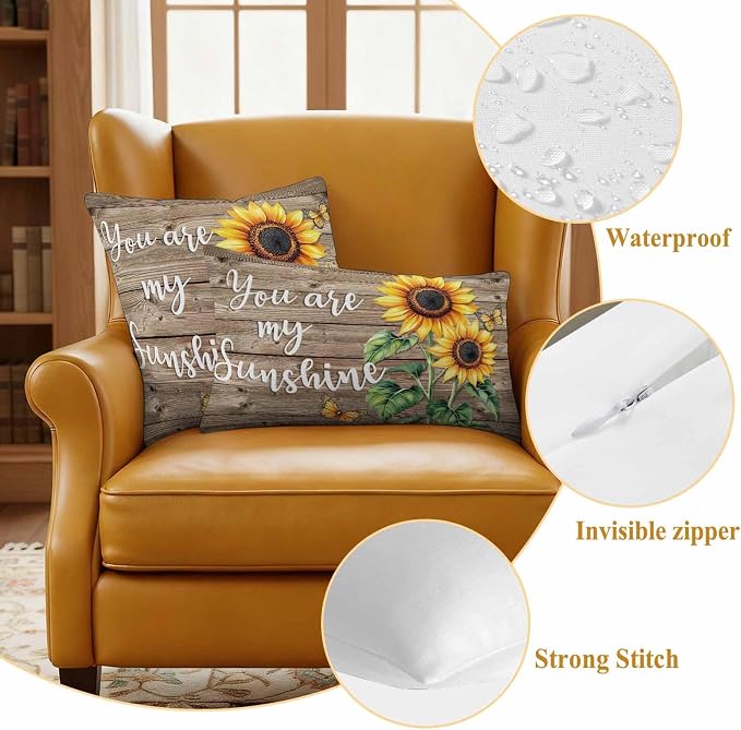 Sunflower Outdoor Waterproof Throw Pillow Covers Set of 2, 18"x18", You are My Sun Shine Vintage Brown Wood Board Decorative Pillow Covers Outside Cushion Case for Patio Porch Garden