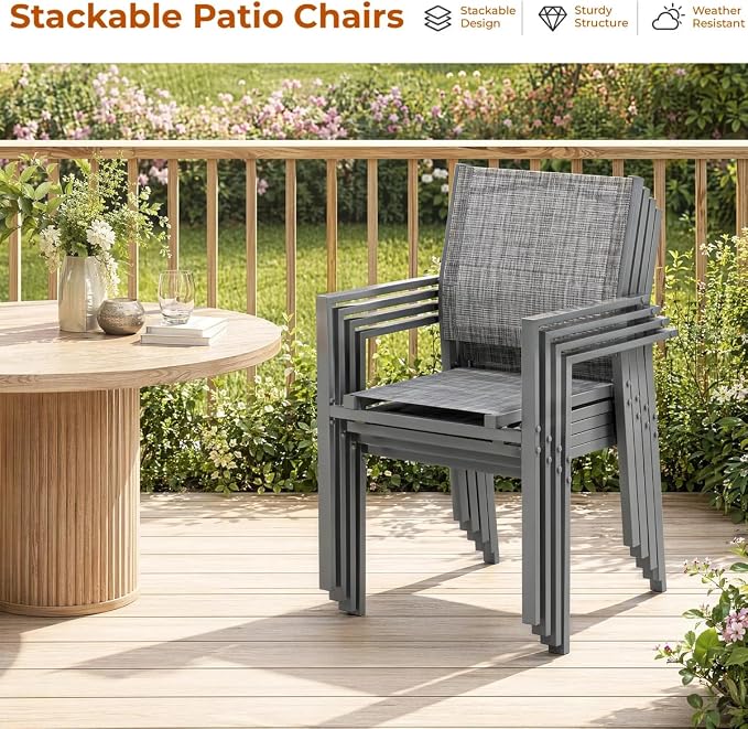 TLSUNNY 7 Piece Patio Dining Set for 6, Outdoor Table and Chairs W/1.69" Umbrella Hole & Metal Frame, 30"X 55" Rectangular Glass Table and Patio Textilene Stackable Chair W/Armrests, for Lawn Deck