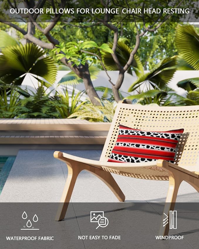 Outdoor Pillows Covers with Inserts Mexico Cow Grain Red Waterproof Recliner Pillow with Adjustable Strap Throw Pillows for Patio Furniture Pool Lounge Chair, 11x16 inch, 1PCS
