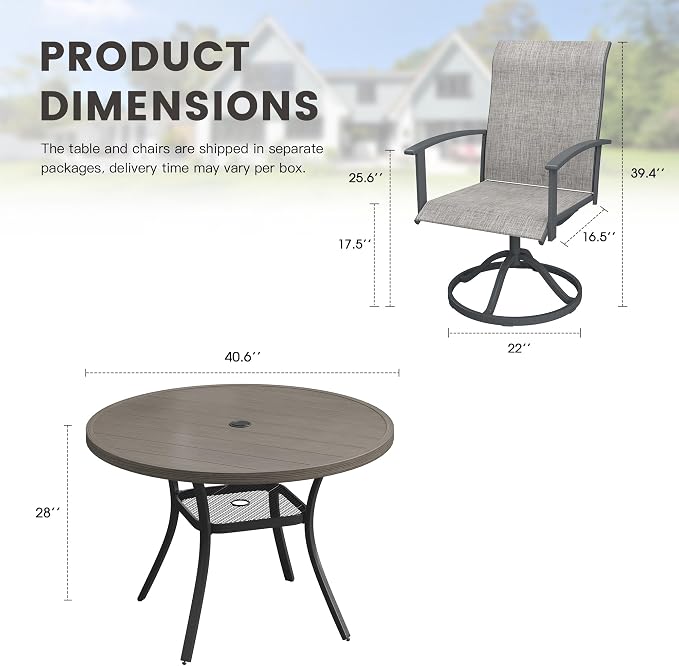5 Pieces Round Patio Dining Set, Outdoor Furniture of 40.6" Round Patio Table and Patio Swivel Chairs for Backyard Lawn Garden, Grey Table and Grey Chairs