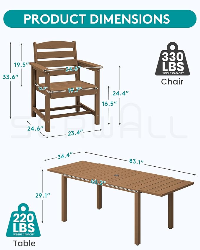 SERWALL HDPE and Aluminum Outdoor Dining Set for 8, Brown | 60" - 83" Expandable Outdoor Dining Table and 8 HDPE Chairs, All Weather Outdoor Furniture Set