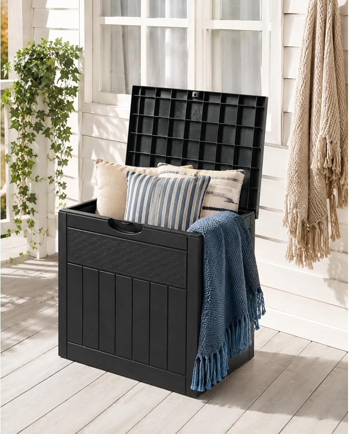 33 Gallon Small Deck Box Outdoor Storage Cube, Rattan Plastic Resin Garden Storage Box Chest, Patio Side Table for Cushions, Charcoal & Garden Tools, Gray