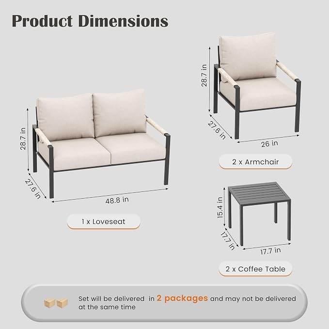 5 Pieces Rattan Outdoor Furniture Set, All-Weather Patio Conversation Set with Warm Grey Cushions and Coffee Tables for Garden, Backyard, Balcony, Poolside