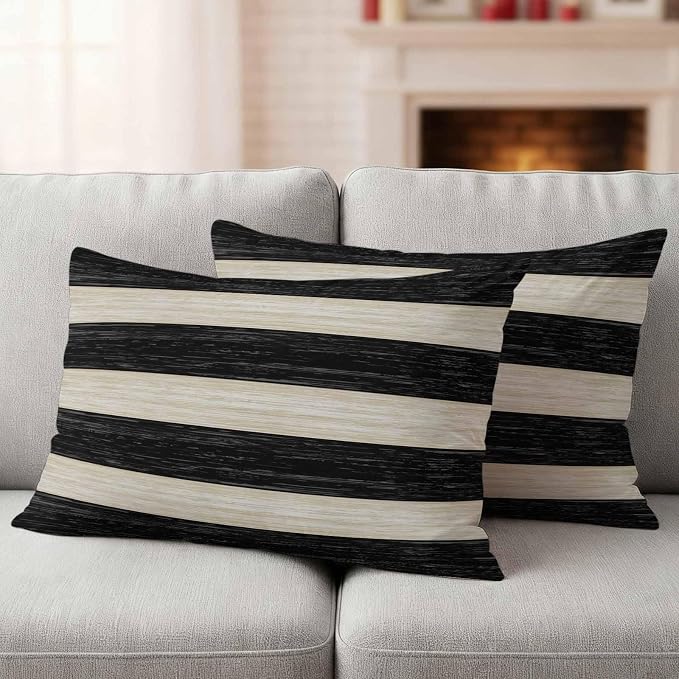 Black Cream Striped Outdoor Pillow Covers 20x12 Inch Lumbar Pillow Covers Set of 2 Waterproof Decorative Throw Pillow Cases Farmhouse Vintage Shabby Chic Wood Grain Cushion Covers for Patio Furniture
