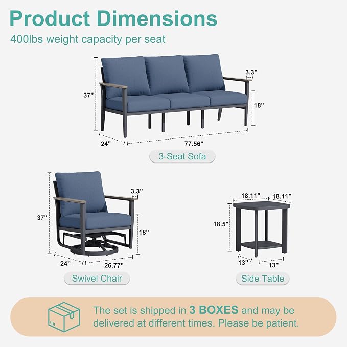 Aluminum Outdoor Patio Furniture Set with Swivel Rocking Chair 7-Seat, Patio Conversation Set Sectional Furniture Set with High Backrest & Thickened Cushions for Backyard, Navy Blue