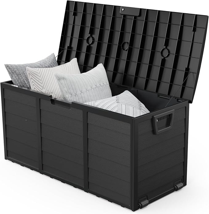 VINGLI 75 Gallon Outdoor Storage Box, Lockable Plastic Storage Containers with Lid, Patio Deck Box Furniture for Garden, Pool, Balcony, Yard (Full Black)