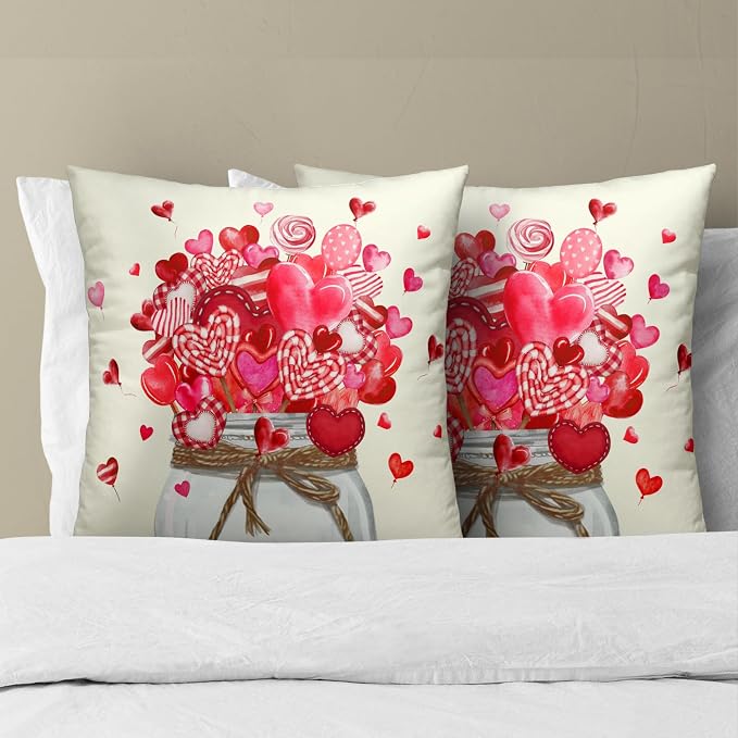 Valentine's Day Throw Pillow Covers 20x20 Inch Set of 2, Red Pink Love Hearts Candy Canes Jar Decorative Pillowcases Square Cushion Cover for Couch Sofa Wedding Home Decor