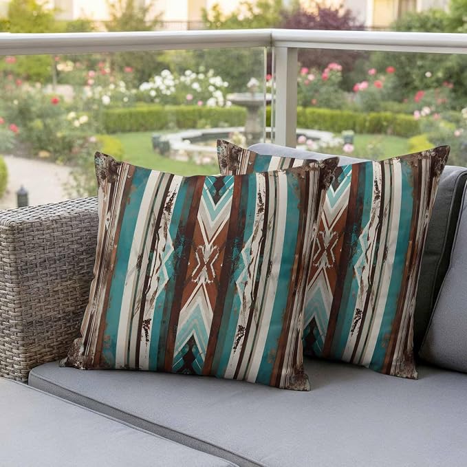 Ethnic Tribal Stripes Outdoor Pillow Covers 18"x18" Set of 2, Retro Vintage Geometric Teal Brown Stripes Waterproof Throw Pillow Covers for Patio Furniture, Decorative Cushion Covers for Porch