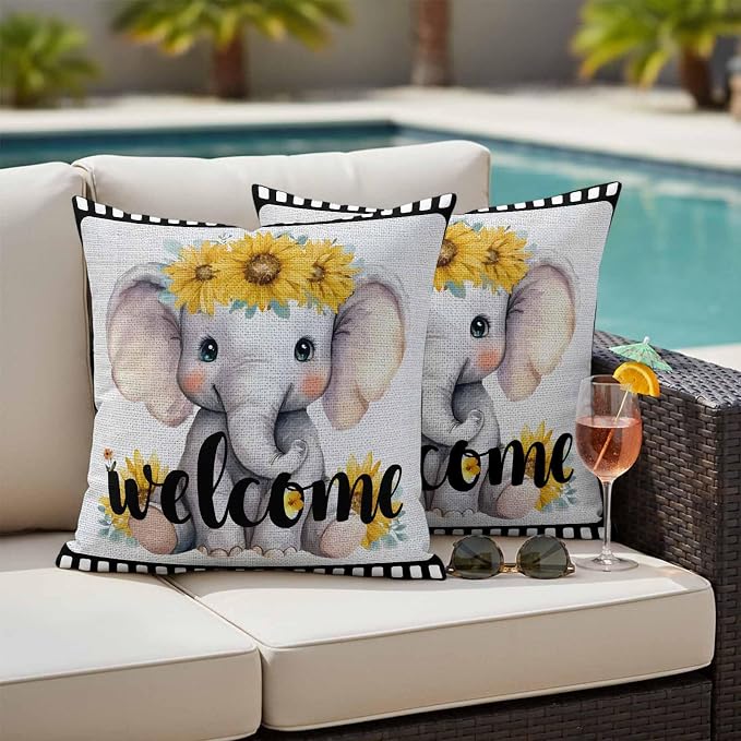 Cute Elephant Outdoor Pillow Covers 18x18 Inch Throw Pillow Covers Set of 2 Waterproof Decorative Pillow Cases Funny Sunflowers Animal Welcome Sign Linen Cushion Covers for Patio Furniture Garden
