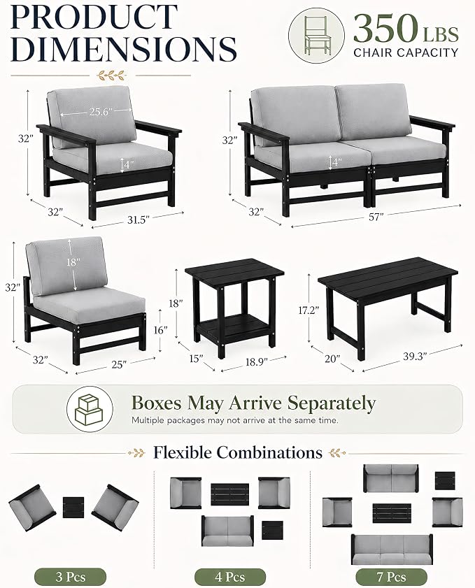 HDPE Outdoor Patio Furniture Set with Cushions, 8 Piece Patio Conversation Set Sofa Set,All Weather Outdoor Couch Set with Coffee Table for Lawn, Garden, Deck