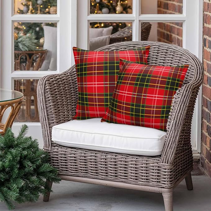 Outdoor Waterproof Throw Pillow Covers, Merry Christmas Red and Green Gingham Tartan Plaid Vintage Farmhouse Decor Pillowcases Cushion Covers Cases for Patio Couch Bench, Pack of 2 Square, 16X16 Inch