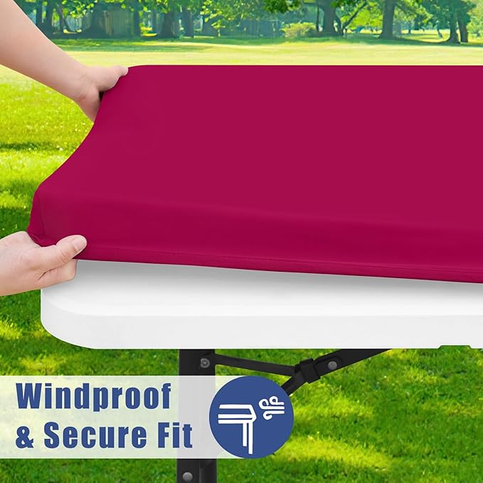Moosfor Spandex 5 Foot Rectangle Table Cloth 2 Pack, Elastic Fitted Tablecloths for Picnic, Stretch Washable Patio Table Cover for Outdoor, Camping, Banquet and Parties (Fuchsia, 30"x60")