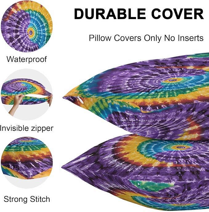 Vandarllin Outdoor Throw Pillows Covers 16x16 inch Set of 2 Waterproof Purple Tie-Dye Art Decorative Zippered Cushion Covers for Patio Furniture, Abstract Boho Tribe Lumbar Pillowcases