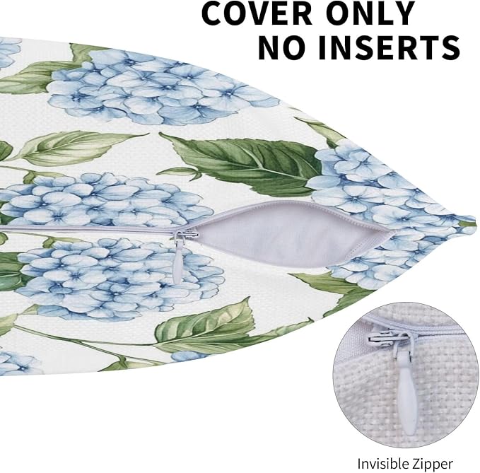 Blue Hydrangea Throw Pillow Covers 20x20 inch Set of 2, Outdoor Waterproof Floral Pillow Cases Flower Decorative Cushion Covers for Spring Patio Garden Decor