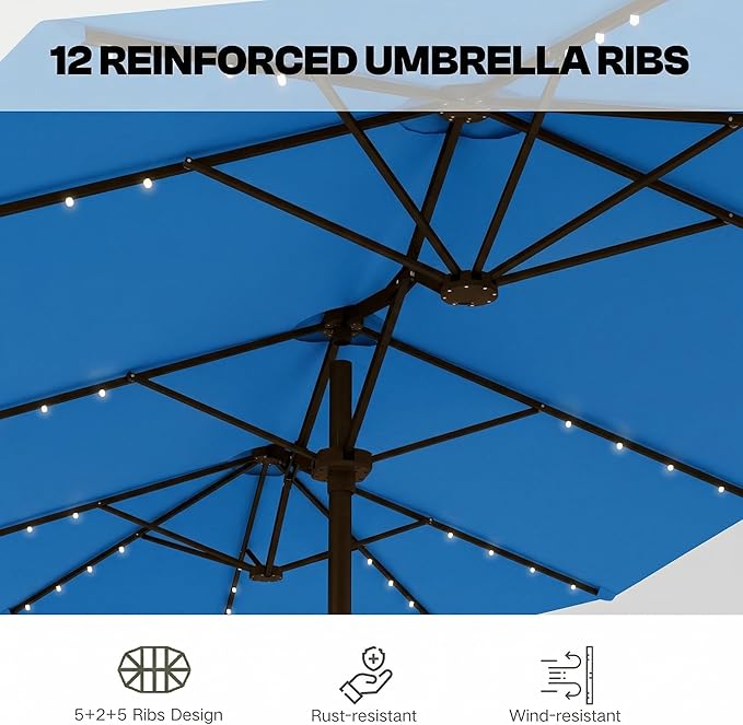15ft Large Patio Umbrella with Solar Lights and Base, Double-Sided Outdoor Rectangle Umbrella with 48 LED Lights, Market Table Umbrellas with UV Resistant Canopy
