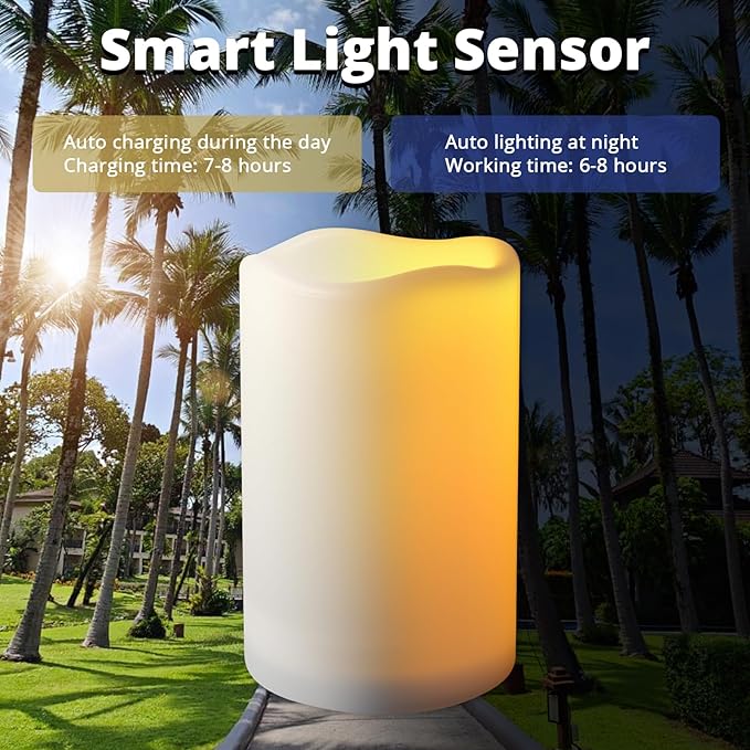 NURADA Large Outdoor Solar Candles Waterproof - 8" x 4" Rechargeable Solar Powered Flameless LED Pillar Flickering Candle for Patio Porch Lanterns Decor - Ivory Set of 2