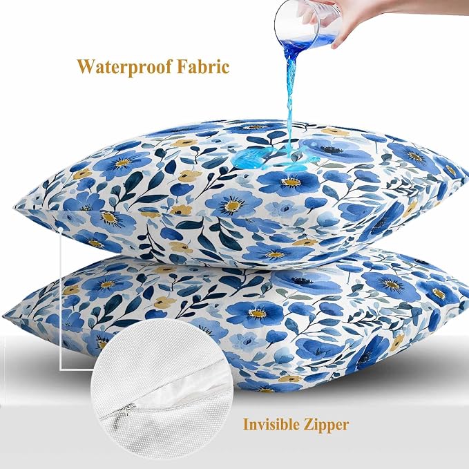 Blue Flowers Outdoor Waterproof Throw Pillow Covers Set of 2, 26"x26", Summer Watercolor Retro Floral Decorative Pillow Covers Outside Cushion Case for Patio Porch Garden