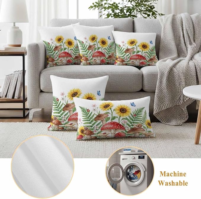 Outdoor Waterproof Throw Pillow Covers Set of 2 Red Mushroom Pillowcases 26x26 Inches Spring Butterfly Sunflower Green Ferns Decorative Pillows Cushion Case Patio Pillows for Couch Bed Chair Garden