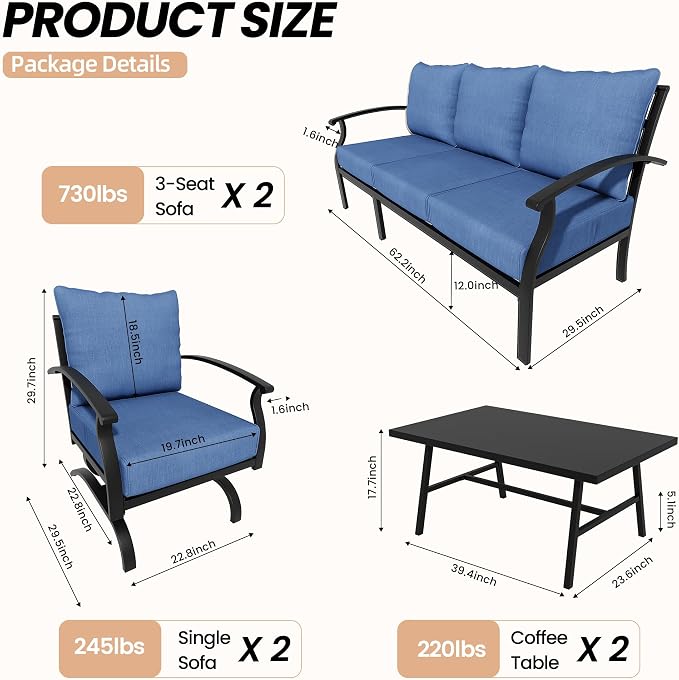 Metal Patio Furniture Set,6 Pieces 8 Seats Patio Sectional Outdoor Furniture Set with 2 Rectangular Coffee Tables,Patio Conversation Sets with 5.1" Thickened Cushions,Navy Blue