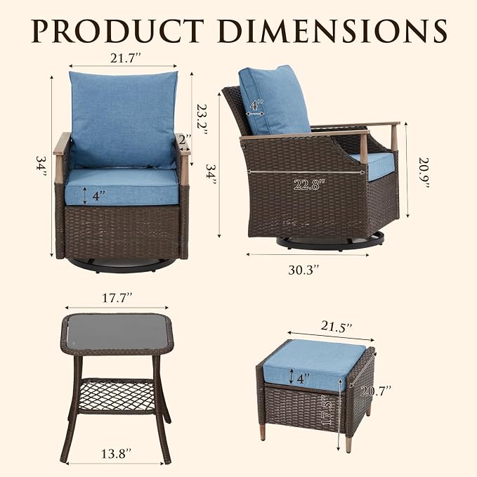 MELLCOM Patio Swivel Glider Rocker Chairs Set Wicker 5 Piece Patio Furniture Set Rocking Bistro Set with Tempered Glass Side Table and 2 Ottoman, for Backyard Garden Patio Porch (Blue, 5pcs)