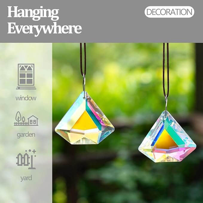 2 Pcs 1.9 Inch AB Crystal Prism Suncatcher Window Decor | AB Colored Crystal Prisms Sun Catcher Set of 2 Hanging Pendants for Window Indoor Home Garden Decor Rainbow Maker