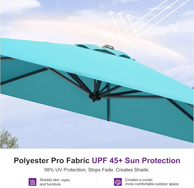 PURPLE LEAF 8'×8' Patio Cantilever Umbrella with Base Included Offset Outdoor Umbrella with Cover Square Outdoor Patios for Backyard Pool Garden Turquoise Blue