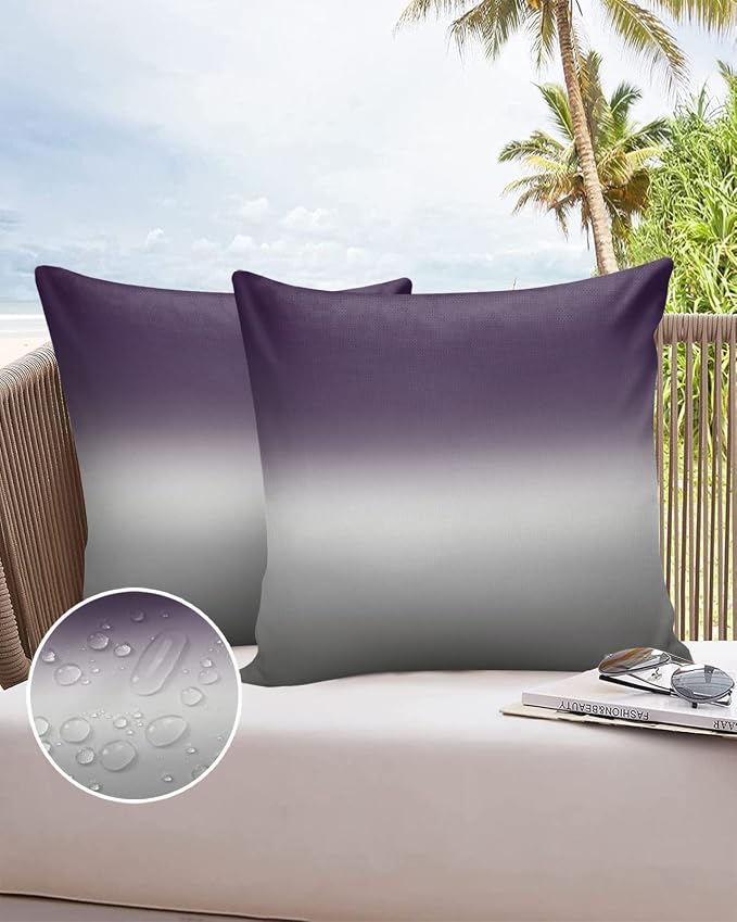 Outdoor Waterproof Throw Pillow Covers Set of 2 Purple Grey Ombre Pillowcases 26x26 Inches Gradient Gradual Color Patio Decorative Pillows Cushion Case Patio Pillows for Couch Bed Chair Garden