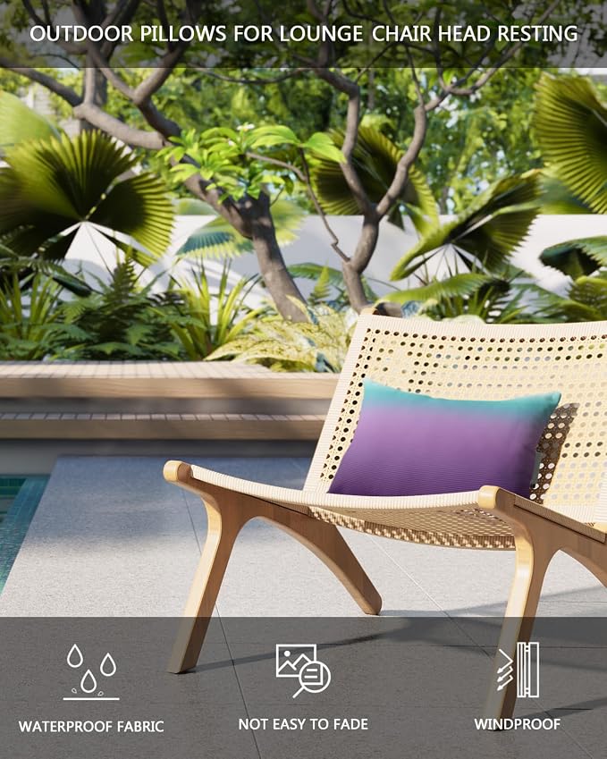 Outdoor Pillows Covers with Inserts Teal Turquoise Purple Ombre Stripe Line Gradient Waterproof Pillow with Adjustable Strap Throw Pillows for Patio Furniture Pool Lounge Chair, 11x16 Inch, 2PCS