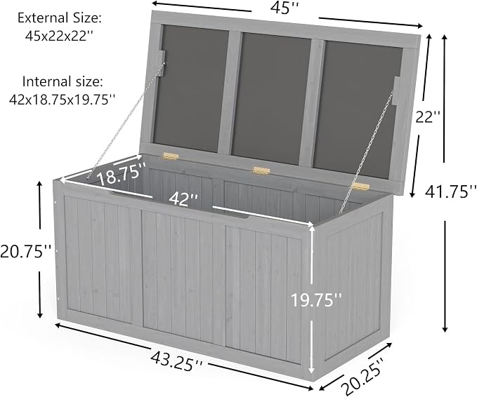 67 Gallon Outdoor Wooden Deck Box Solid Wood Storage Box Seat Table Top for Patio Furniture Cushions, Pool Toys Garden Tools
