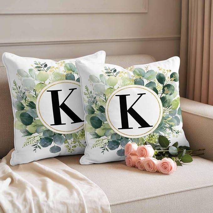 Letter K Waterproof Outdoor Pillow Covers Set of 2 Home Decor, Alphabet Green Eucalyptus Leaves Pillowcase Patio Pillow Covers for Couch Bench Patio Furniture Garden 24x24in