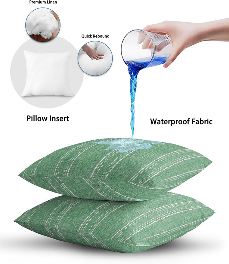 Vandarllin Waterproof Outdoor Pillow 1 Pack Sage Green Linen Stripes Decorative Throw Pillows Cover & Insert 18x18 Inch Pillowcase Parallel Vertical Lines Pillows for Couch Sofa Bed Patio Furniture