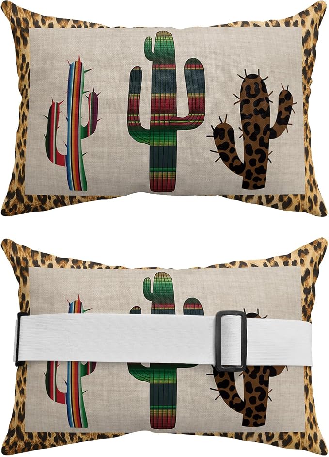 Outdoor Pillows Covers with Inserts Mexico Cactus Leopard Print Background Waterproof Recliner Pillow with Adjustable Strap Throw Pillows for Patio Furniture Pool Lounge Chair, 11x16 inch, 2PCS
