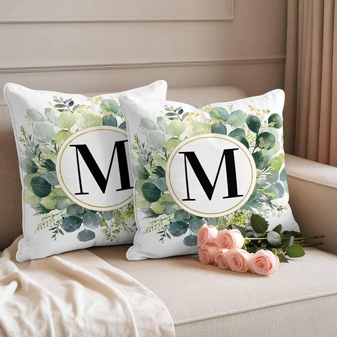 Letter M Waterproof Outdoor Pillow Covers Set of 2 Home Decor, Alphabet Green Eucalyptus Leaves Pillowcase Patio Pillow Covers for Couch Bench Patio Furniture Garden 16x16in