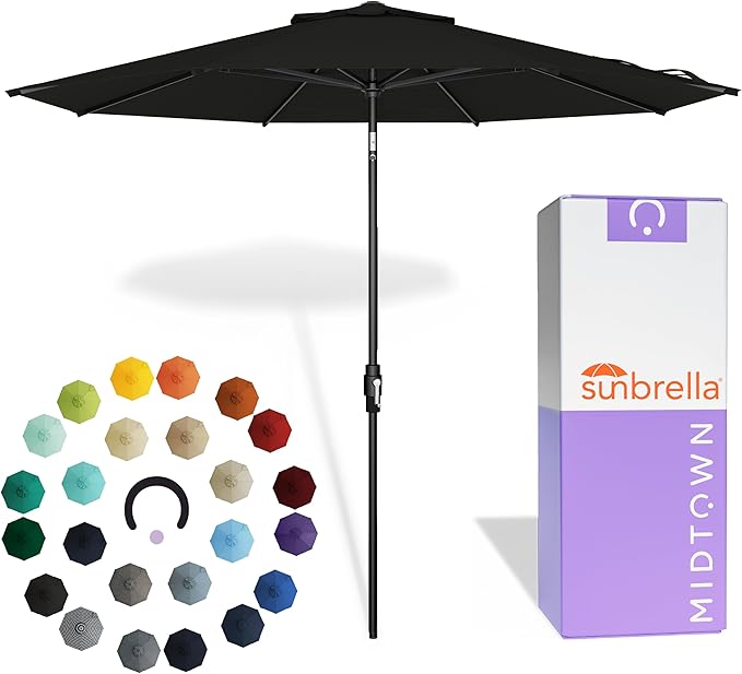 Midtown Umbrellas – The Swilt 8 Ft Patio Umbrella with 360° Swivel & Tilt Mechanism, Sunbrella Fabric & 8 Fiberglass Ribs – Outdoor Umbrella for Deck, Pool & Cafes – Black Canopy, Black Pole