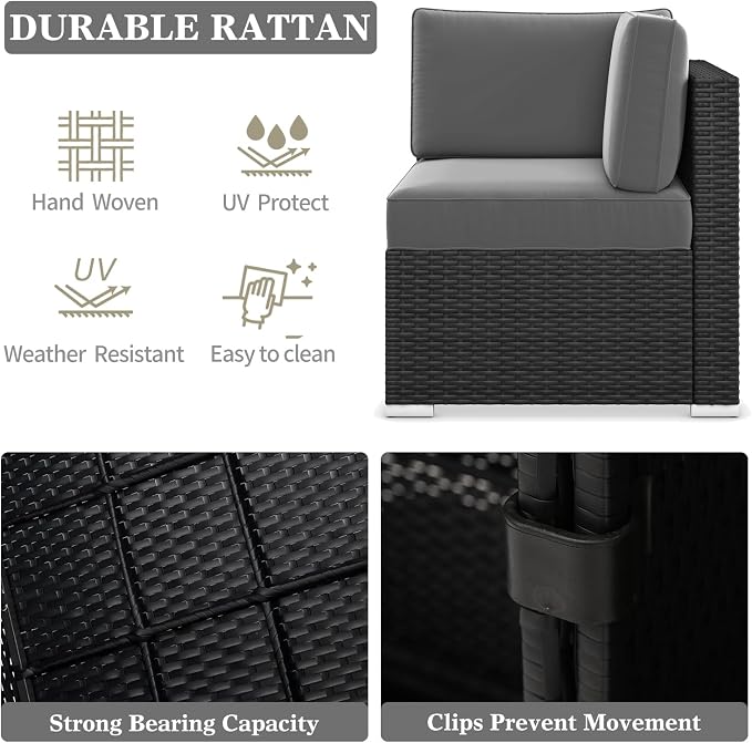 LayinSun 8 Pieces Patio Furniture Set with Fire Pit Table, Black Rattan Modular Sectional Patio Conversation Sofa Set