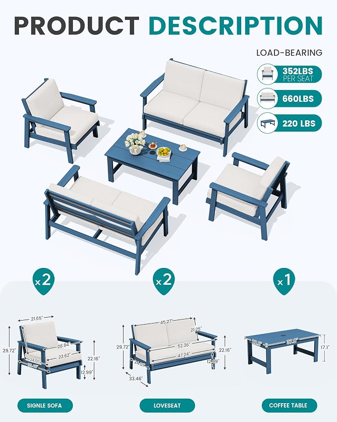 SERWALL HDPE Patio Furniture Set, 5 Piece All Weather Wood-Like Sectional Outdoor Furniture Set for Deck, Lawn, Blue Patio Sofa Couch with Khaki Cushions