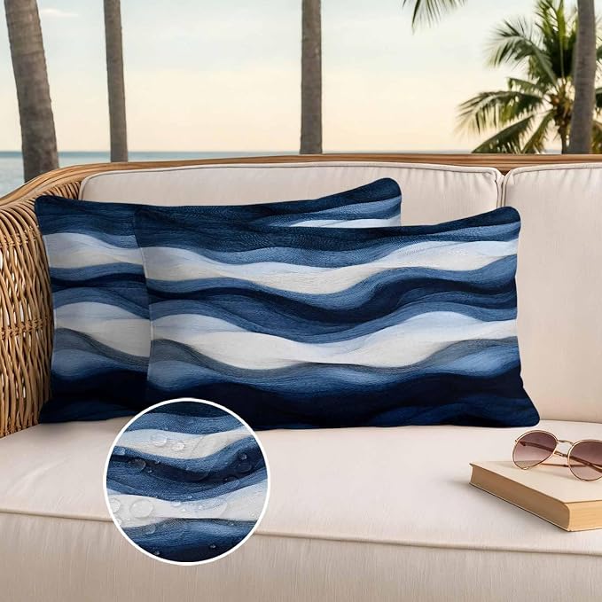 Abstract Mountain Outdoor Waterproof Throw Pillow Covers Set of 2, 20"x12", Watercolor White Navy Texture Nature Decorative Pillow Covers Outside Cushion Case for Patio Porch Garden