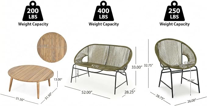 Christopher Knight Home Dessa 4 Piece Patio Furniture Set with Acacia Wood Coffee Table, 4 Seater PE Rattan Outdoor Conversation Set, Metal Outdoor Sectional Sofa Set, Beige+White, Green
