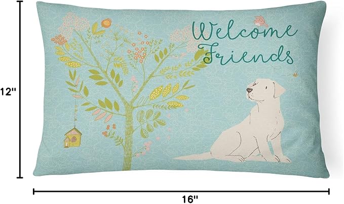 Caroline's Treasures BB7596PW1216 Welcome Friends Yellow Labrador Retriever Canvas Fabric Decorative Pillow Machine Washable, Indoor Outdoor Decorative Pillow for Couch, Bed or Patio, 12HX16W