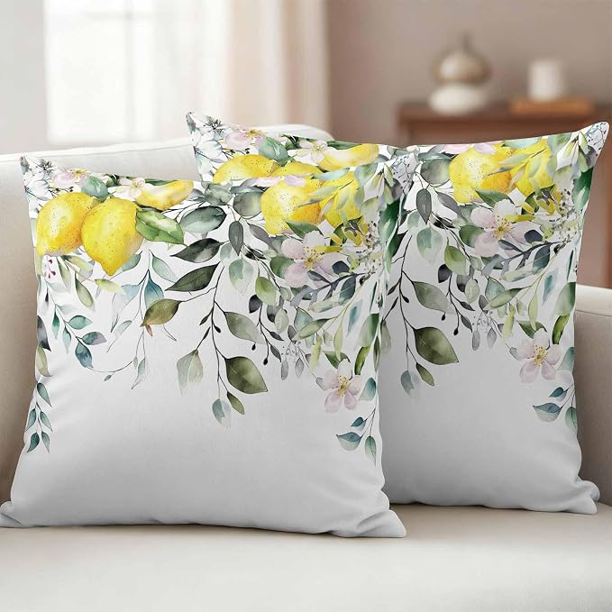 Rustic Floral Plant Outdoor Waterproof Throw Pillow Covers Set of 2, 20"x20", Green Eucalyptus Leaves Sage Lemon White Decorative Pillow Covers Outside Cushion Case for Patio Porch Garden