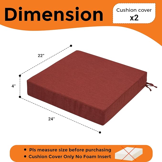 Magpie Fabrics Indoor Outdoor Cushion Cover Replacement 2 Pack, NO Insert! Water Repellent Slipcover with Ties Decor for Patio Garden Chair Sofa Bench Wicker(Dark Red, 24x22x4 Inch)