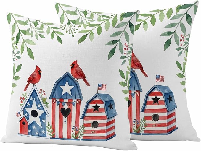 American Flag Bird House Outdoor Pillow Covers Waterproof, All Weather Cushion Case Set of 2, Green Eucalyptus Leaves 250th Decorative Pillowcases for Sofa Couch Bed Decor Patio Furniture 16"x16"