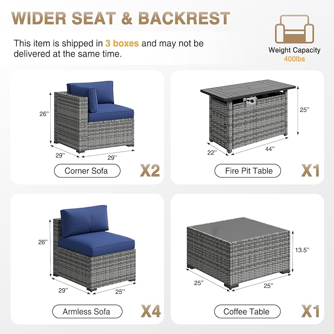 Aoxun Patio Furniture Sets, 8-Piece Outdoor Patio Furniture with 44'' Propane Gas Firepit Table, Wicker Outdoor Conversation Set Sectional Sofa for Backyard, Poolside, Garden