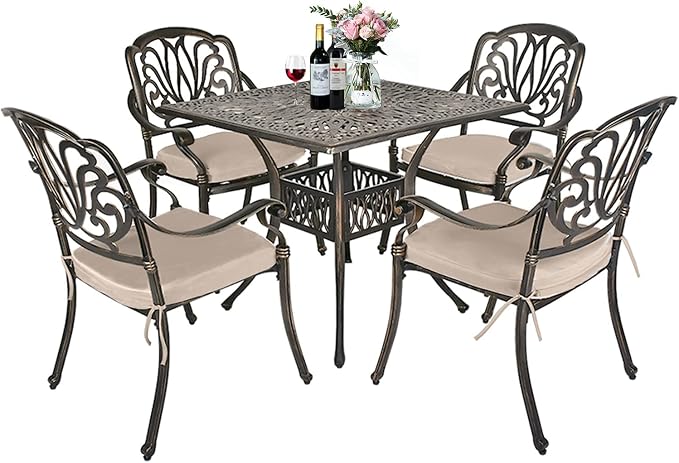 TITIMO 5-Piece Outdoor Patio Dining Set, Cast Aluminum Patio Furniture Set, 4 Chairs with Khaki Cushions and 35.4" Square Table, Cast Aluminum Conversation Set for Yard, Garden, Porch, Poolside