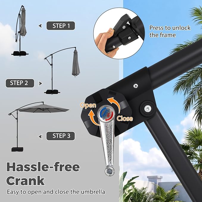 Tangkula 10ft Patio Umbrella with Base Included, Offset Cantilever Outdoor Umbrella with 360 Degree Rotation, Crank Handle, Sun-Protective Canopy for Pool Deck Garden Backyard (Gray)
