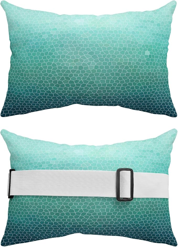 Chaise Lounge Headrest Pillow 1 Pack, Turquoise Ombre Waterproof Chair Pillows with Insert & Adjustable Elastic Strap for Beach Pool Recliner, Geometric Stained Glass Outdoor Patio Pillow